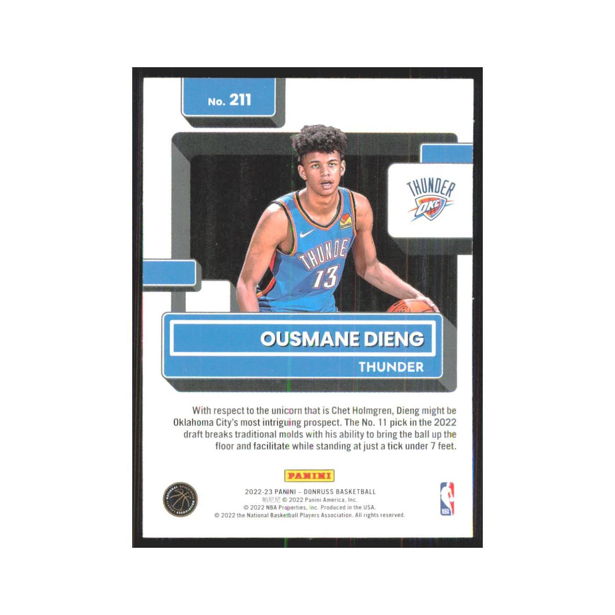 Ousmane Dieng Rookie 2022 Panini Donruss #211 Oklahoma City Thunder NM