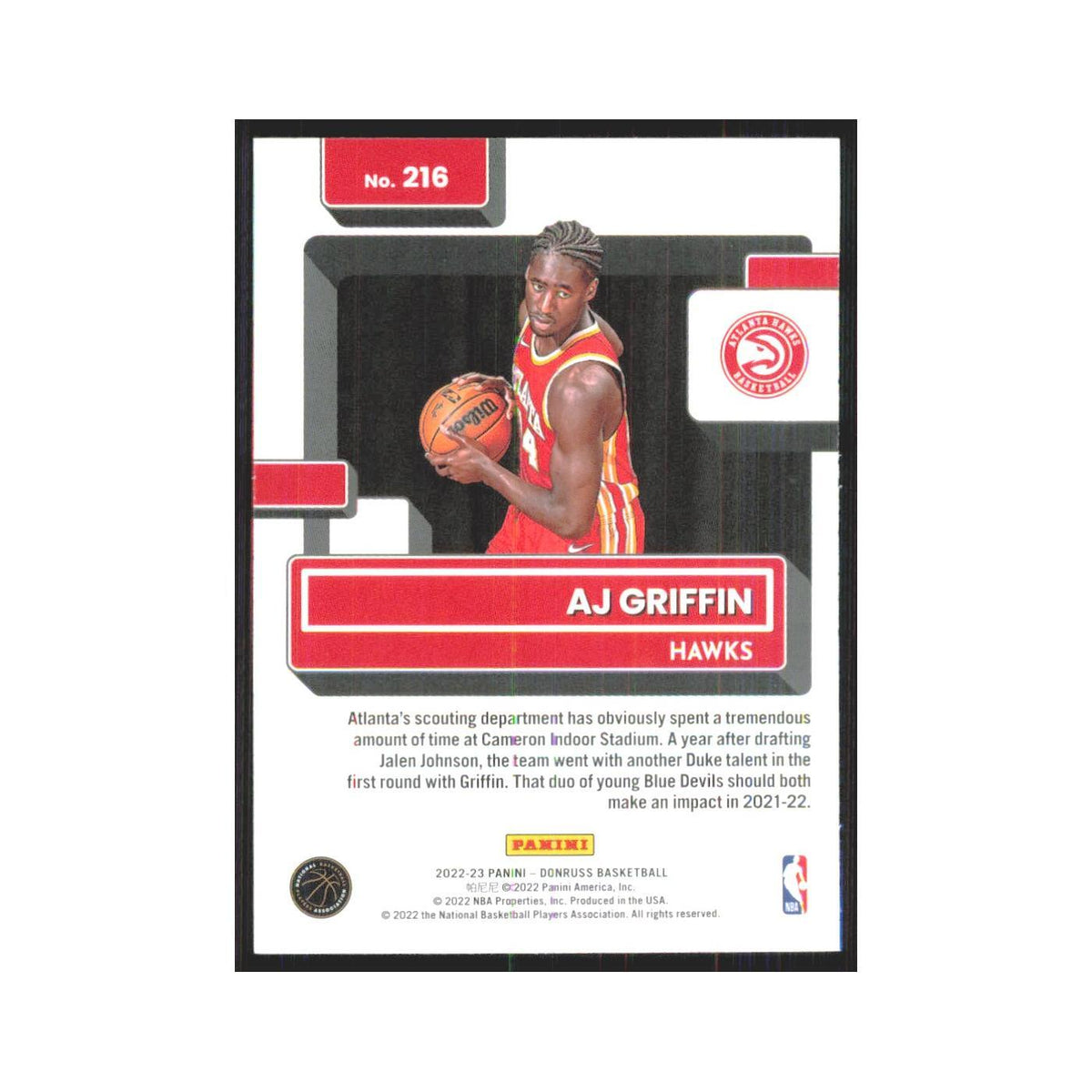 AJ Griffin Rookie 2022 Panini Donruss #216 Atlanta Hawks Basketball Card NM