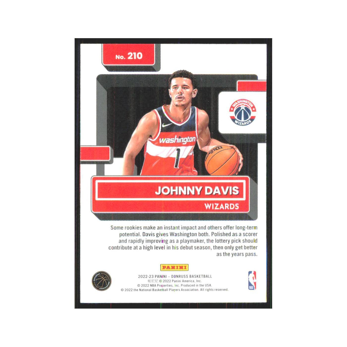 Johnny Davis Rookie 2022 Panini Donruss #210 Washington Wizards NM