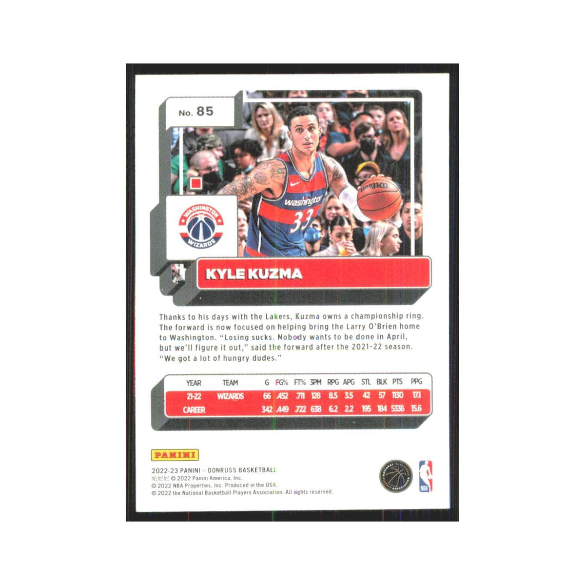 Kyle Kuzma 2022 Panini Donruss #85 Washington Wizards Basketball Card NM