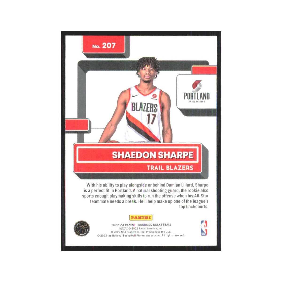 Shaedon Sharpe Rookie 2022 Panini Donruss #207 Portland Trail Blazers NM