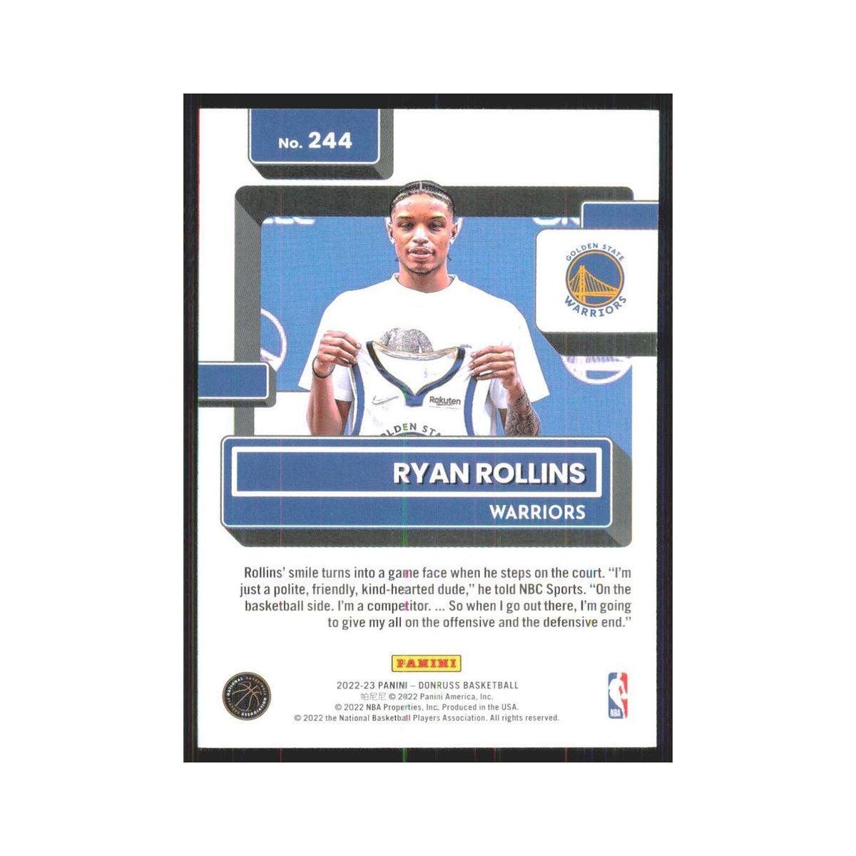 Ryan Rollins Rookie 2022 Panini Donruss #244 Golden State Warriors NM