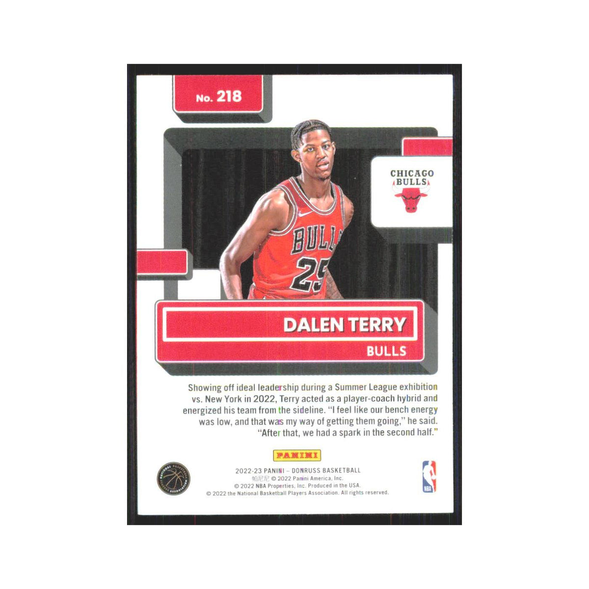Dalen Terry Rookie 2022 Panini Donruss #218 Chicago Bulls Basketball Card NM