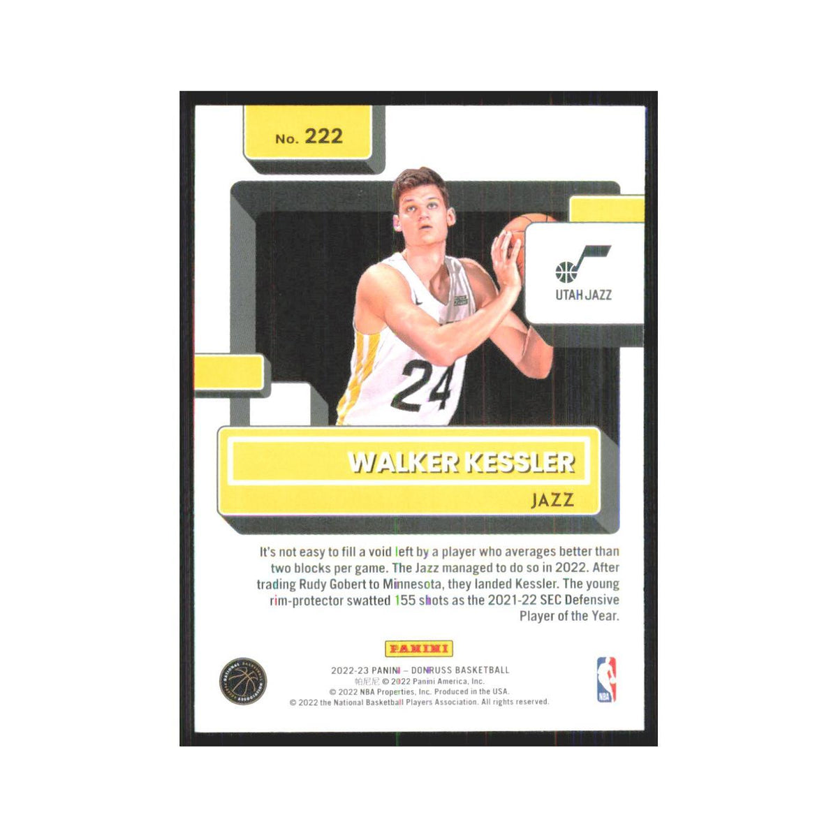 Walker Kessler Rookie 2022 Panini Donruss #222 Utah Jazz Basketball Card NM