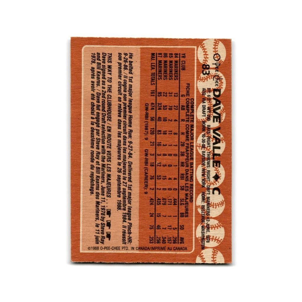 Dave Valle 1988 O-Pee-Chee #83 Seattle Mariners Baseball Card NM
