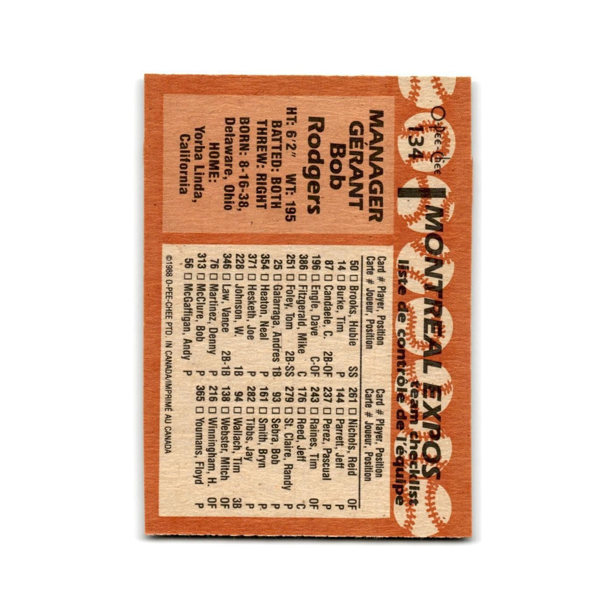 Bob Rodgers 1988 O-Pee-Chee #134 Montreal Expos Baseball Card NM
