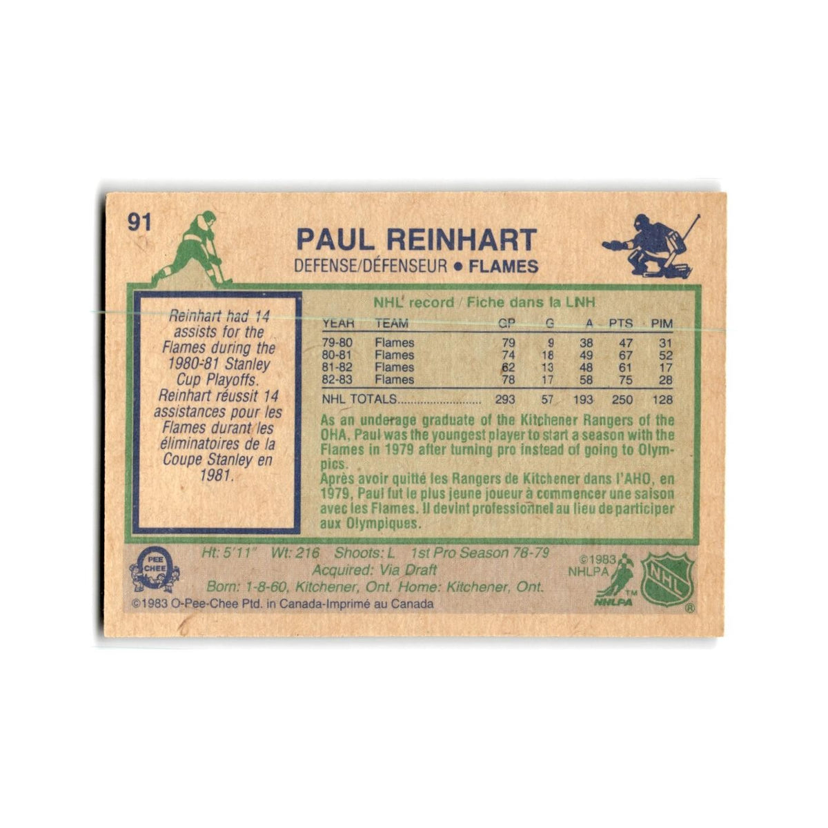 1983 O-Pee-Chee Paul Reinhart Calgary Flames #91