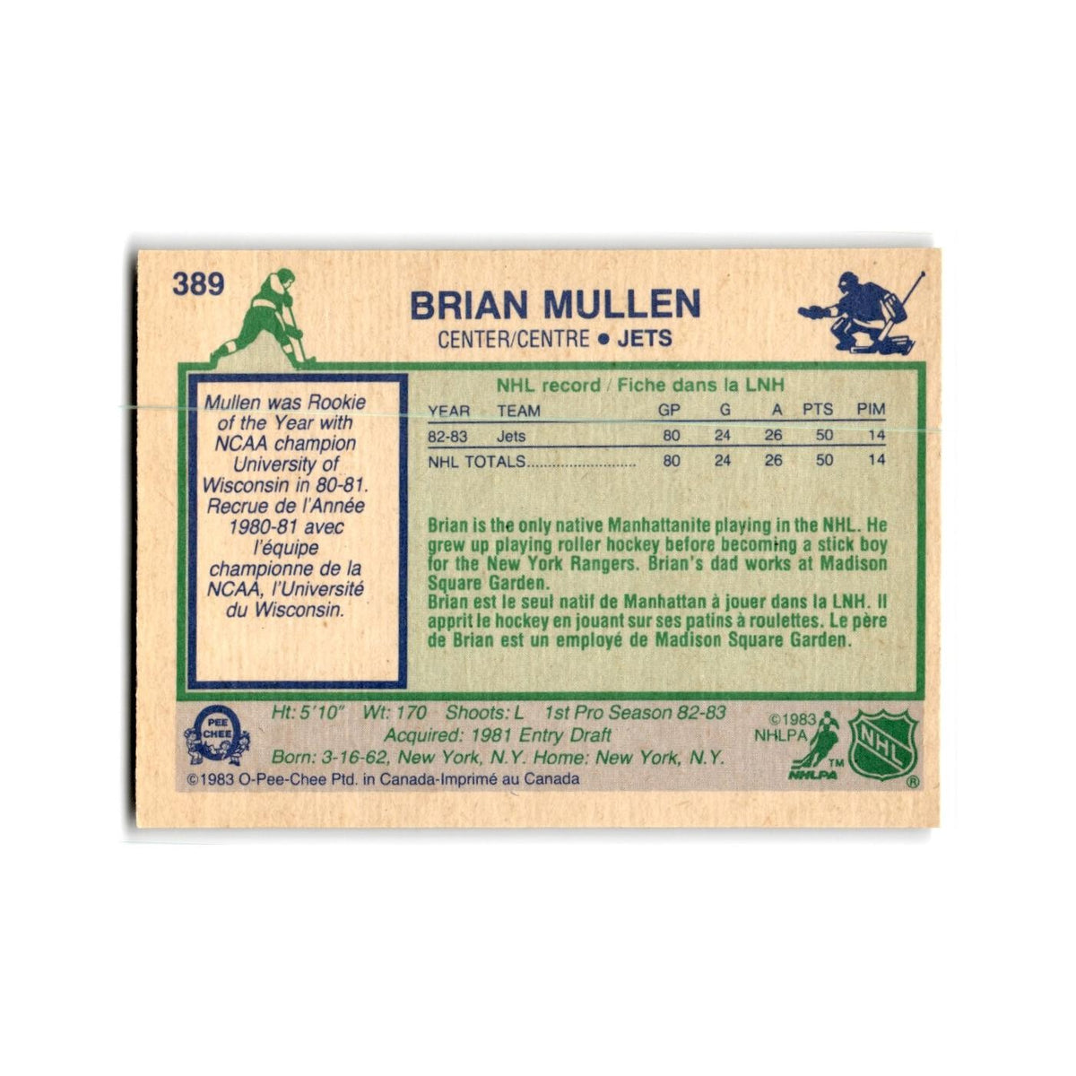 1983 O-Pee-Chee Brian Mullen RC Winnipeg Jets #389
