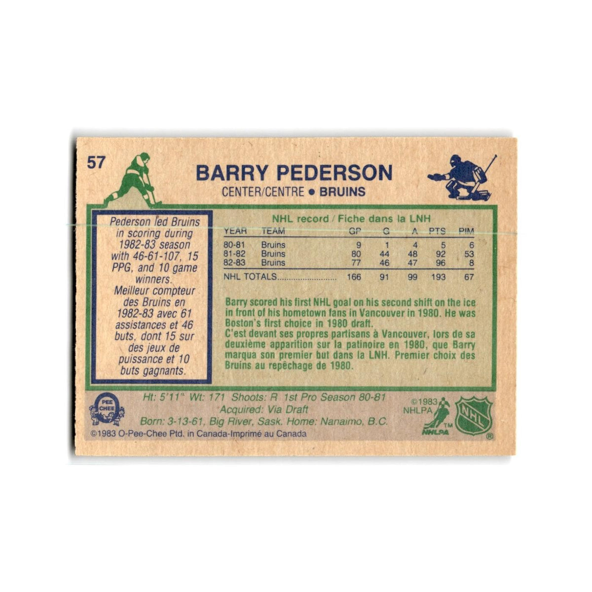 1983 O-Pee-Chee Barry Pederson Boston Bruins #57