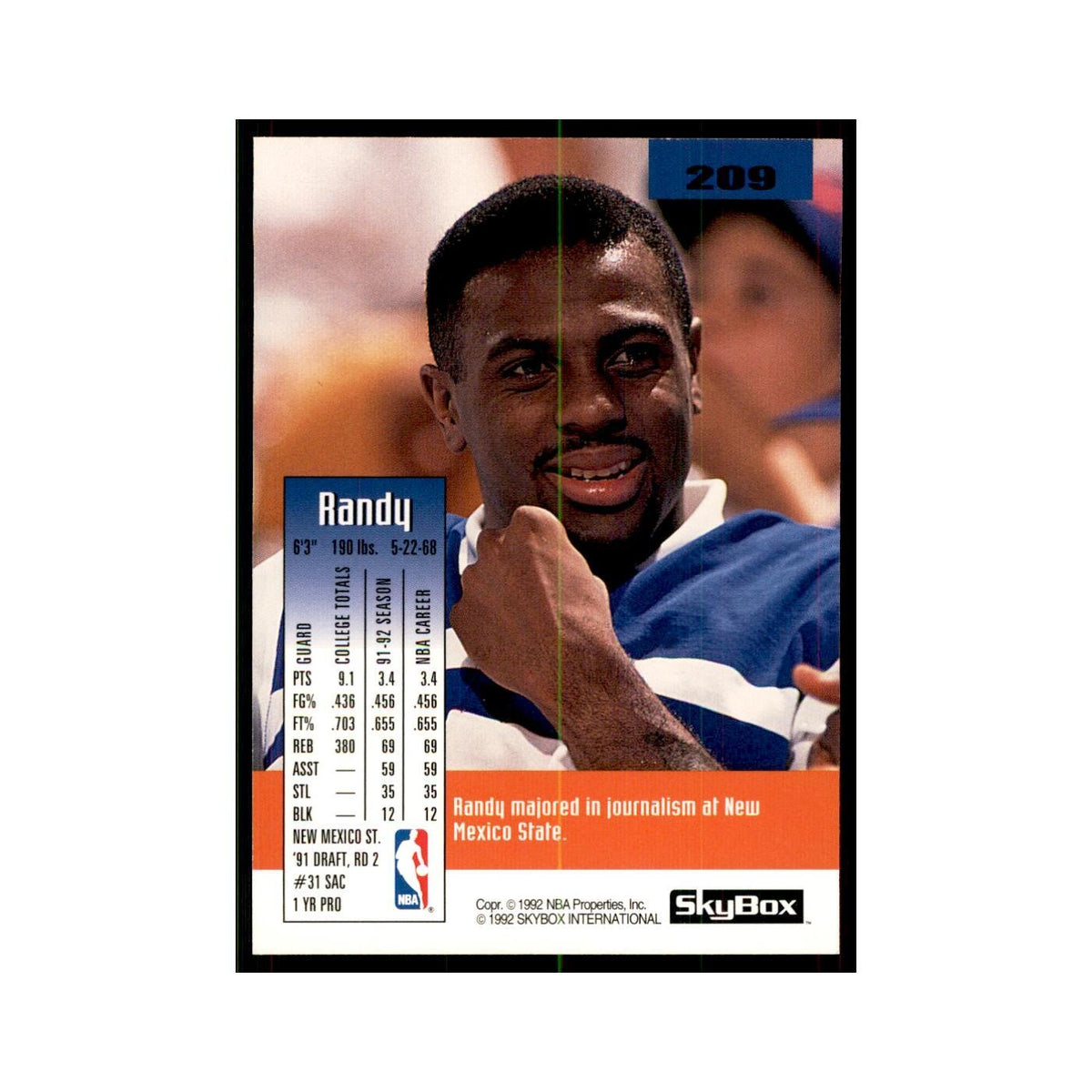 1992 SkyBox Randy Brown Basketball Cards #209