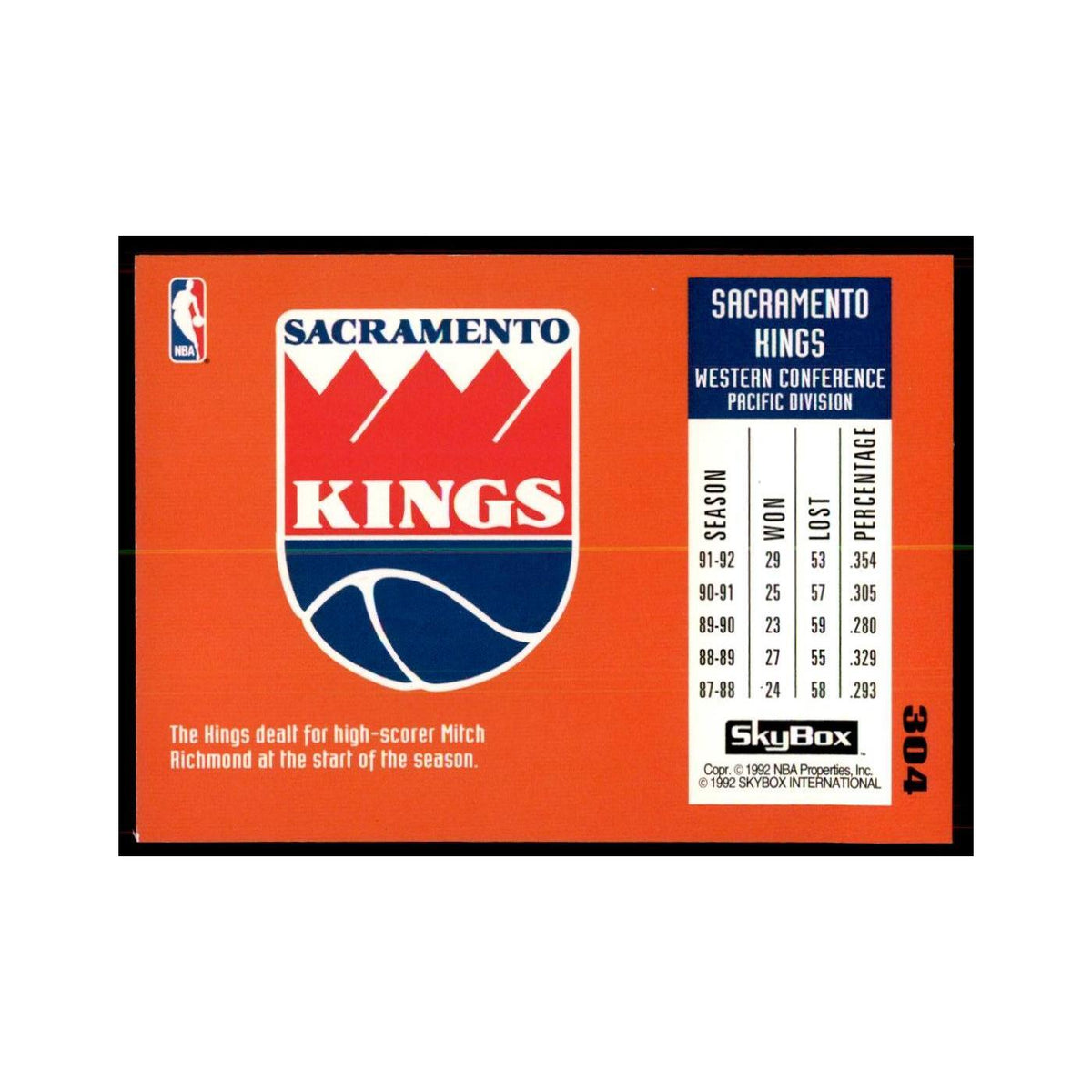 1992 SkyBox Sacramento Kings Basketball Cards #304