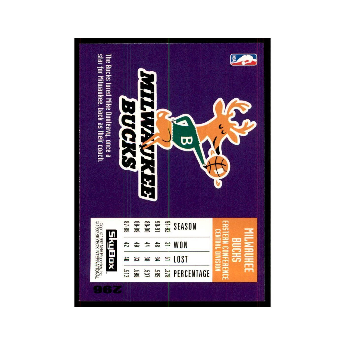 1992 SkyBox Milwaukee Bucks Basketball Cards #296