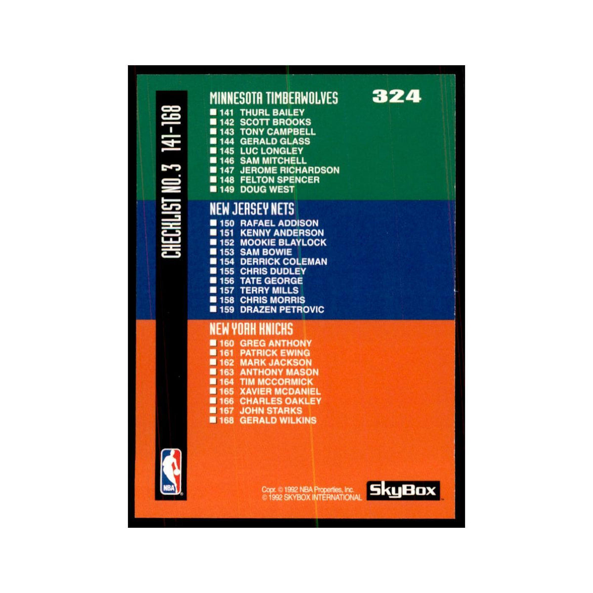1992 SkyBox Checklist 3 Basketball Cards #324