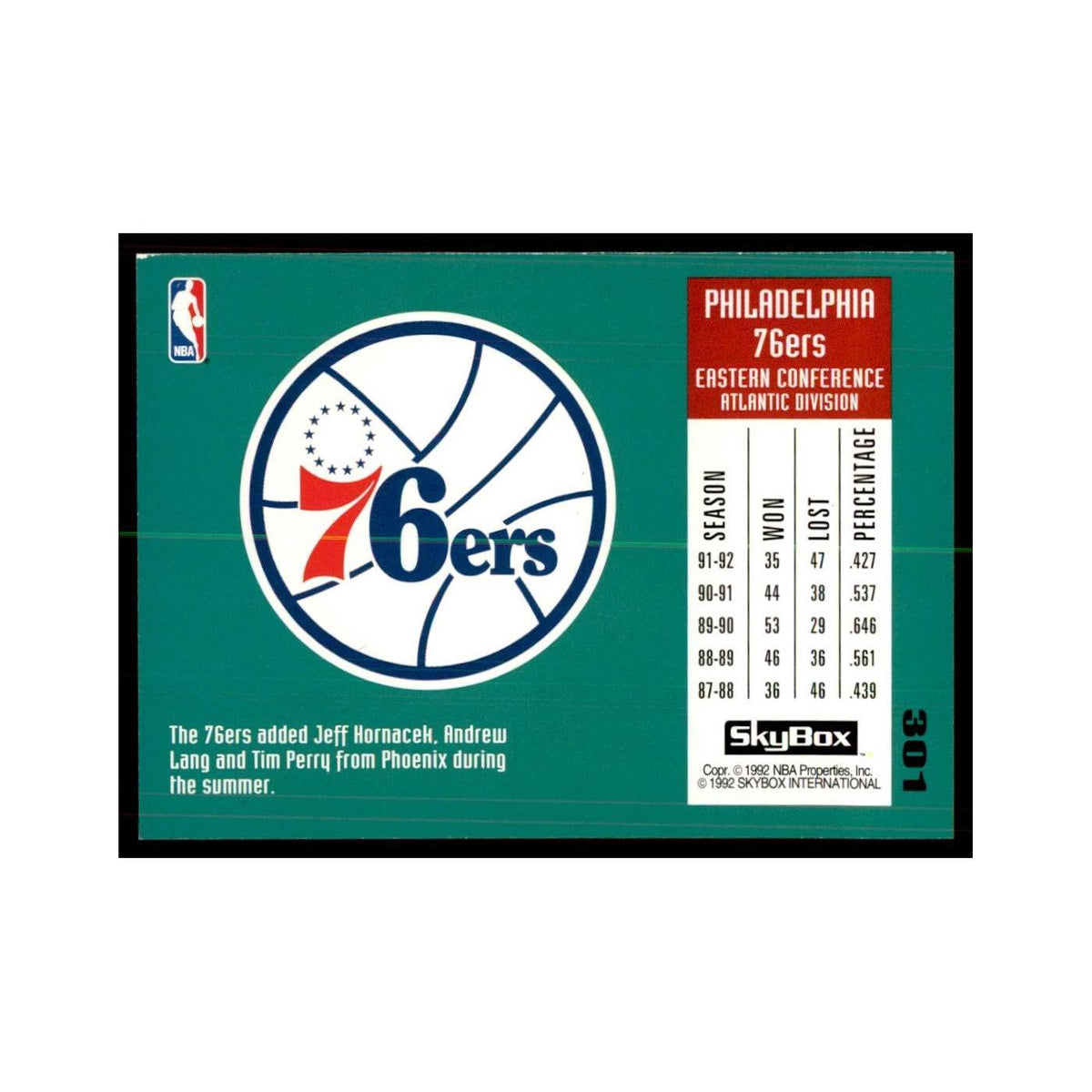 1992 SkyBox Philadelphis 76ers Basketball Cards #301