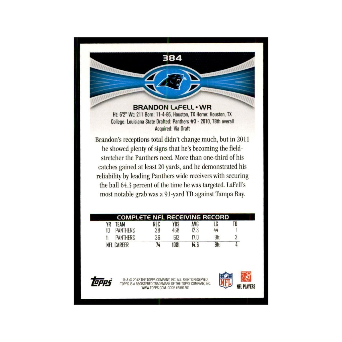 2012 Topps Brandon LaFell Football Cards #384
