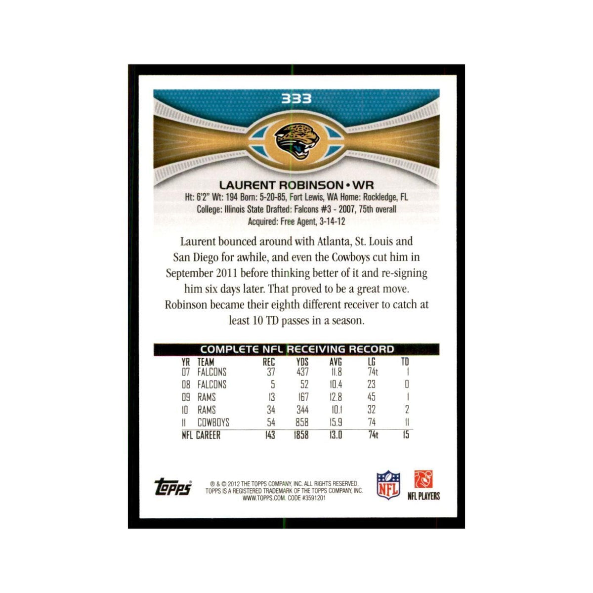 2012 Topps Laurent Robinson Football Cards #333