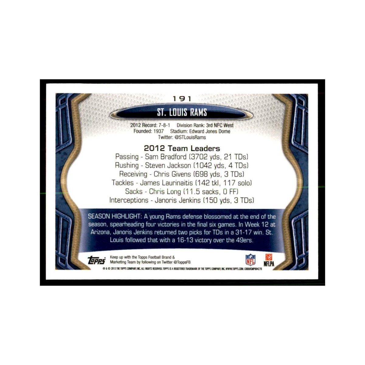 2013 Topps St. Louis Rams Football Cards #191