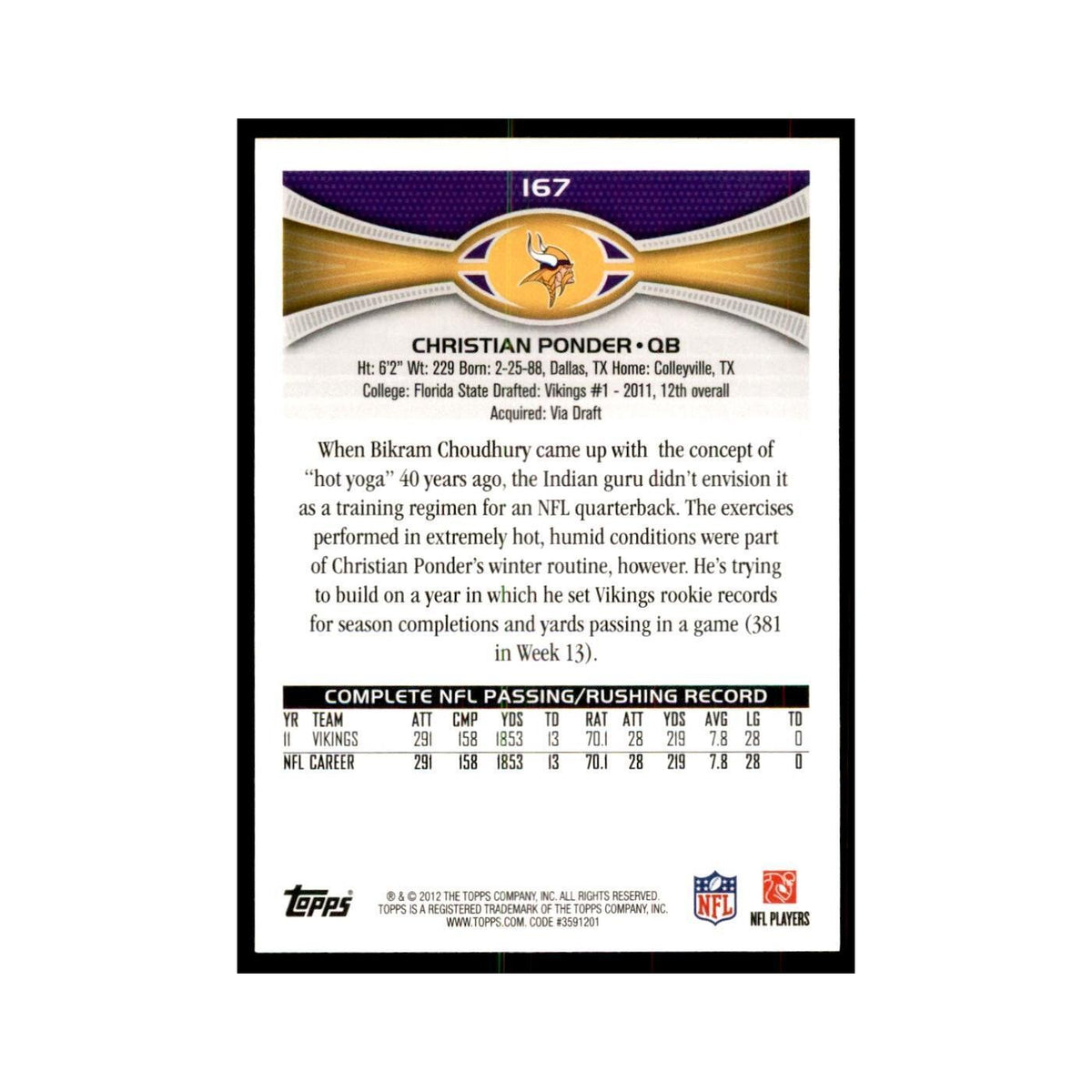 2012 Topps Christian Ponder Football Cards #167