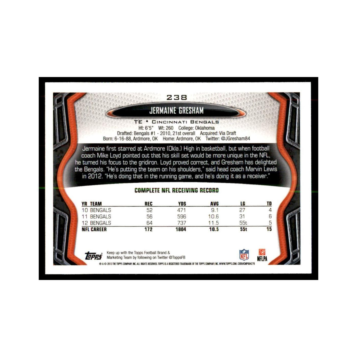 2013 Topps Jermaine Gresham Football Cards #238
