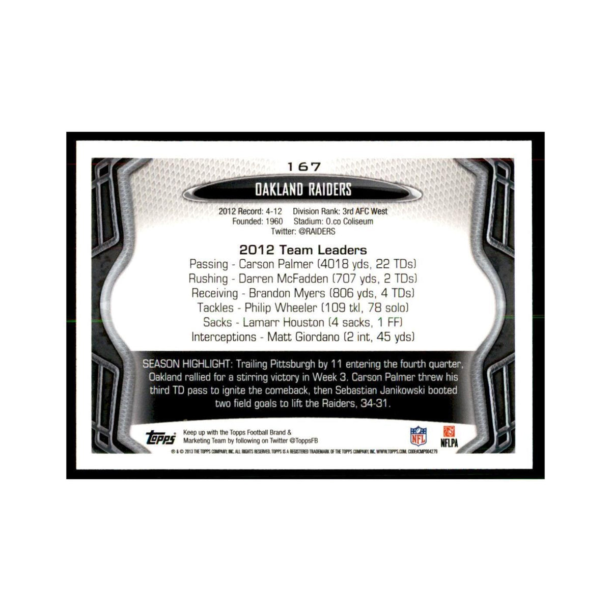 2013 Topps Oakland Raiders Football Cards #167