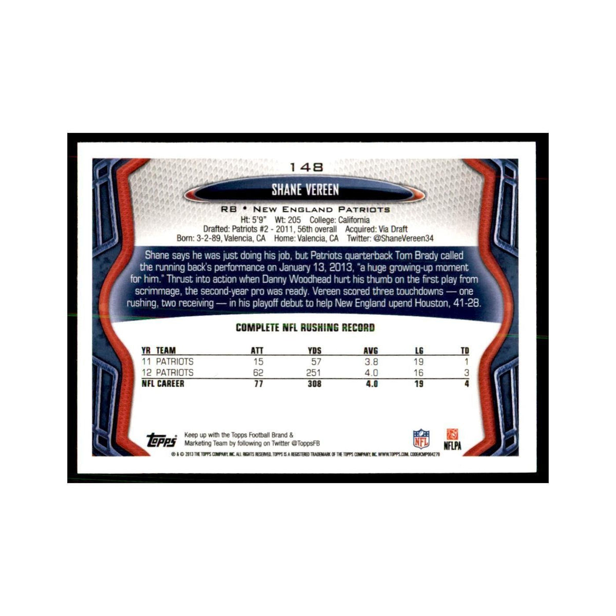 2013 Topps Shane Vereen Football Cards #148
