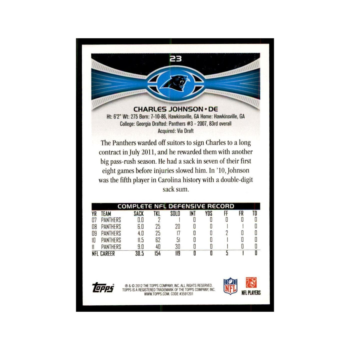 2012 Topps Charles Johnson Football Cards #23