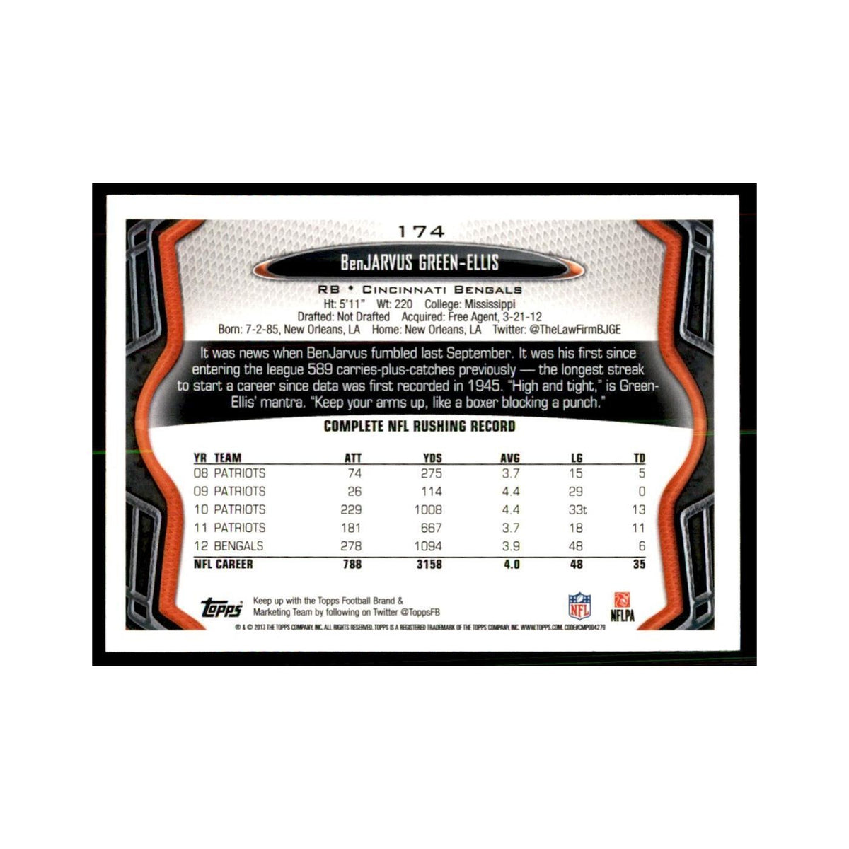 2013 Topps BenJarvus Green-Ellis Football Cards #174