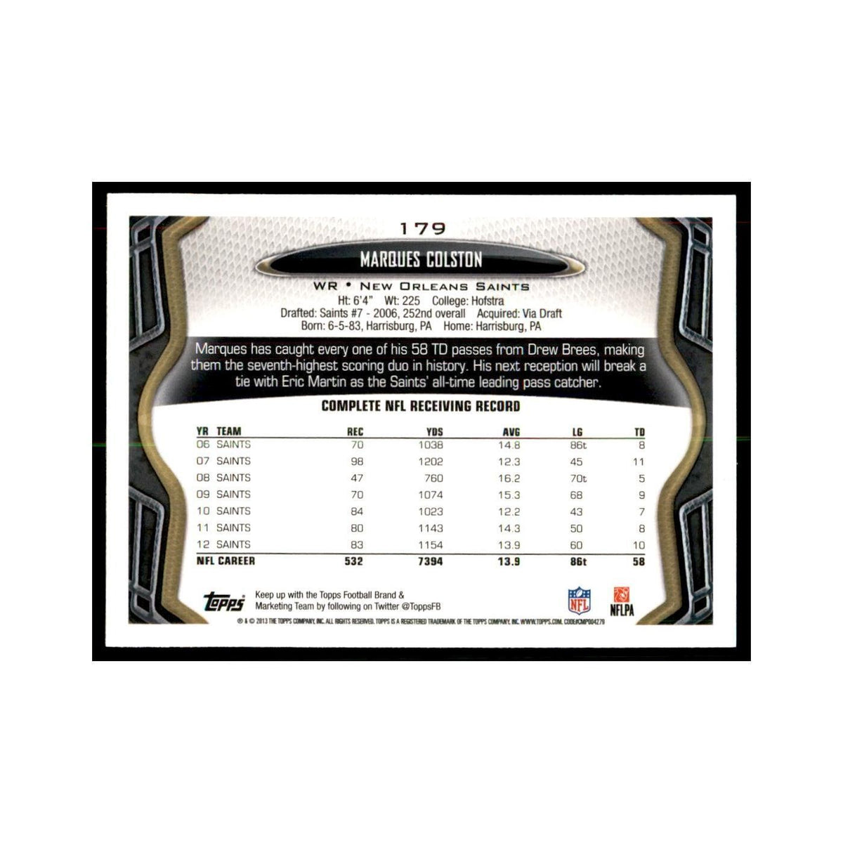 2013 Topps Marques Colston Football Cards #179