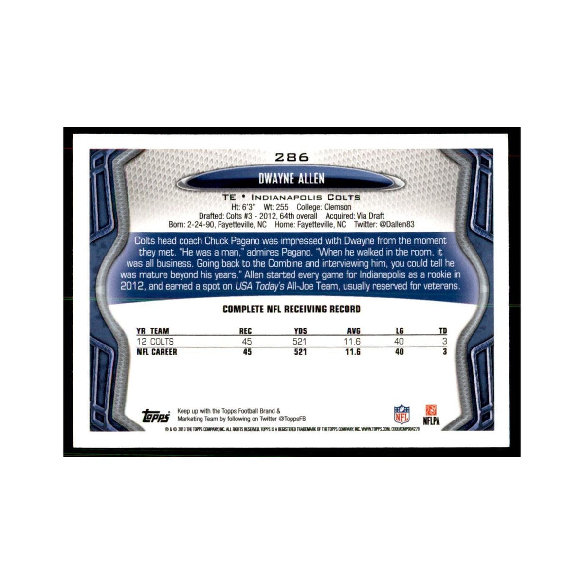 2013 Topps Dwayne Allen Football Cards #286