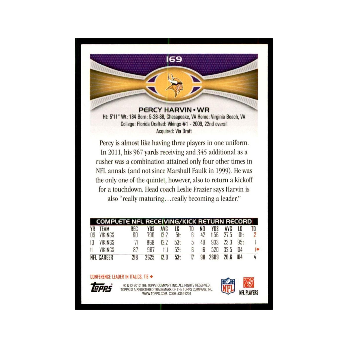 2012 Topps Percy Harvin Football Cards #169