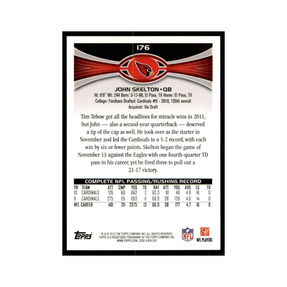 2012 Topps John Skelton Football Cards #176