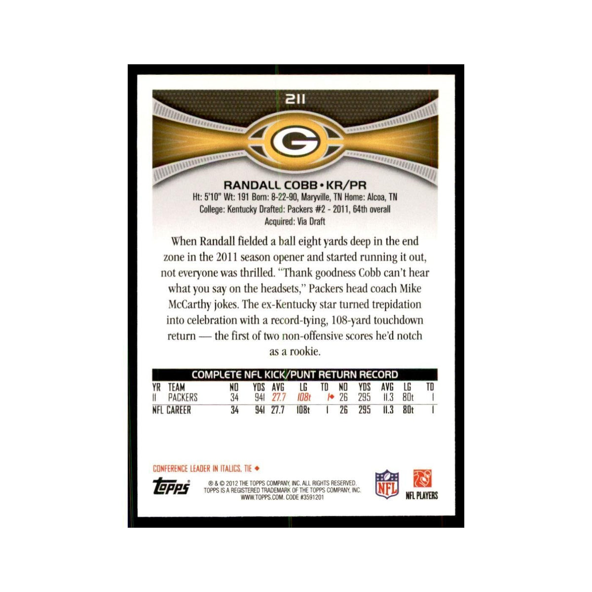 2012 Topps Randall Cobb Football Cards #211