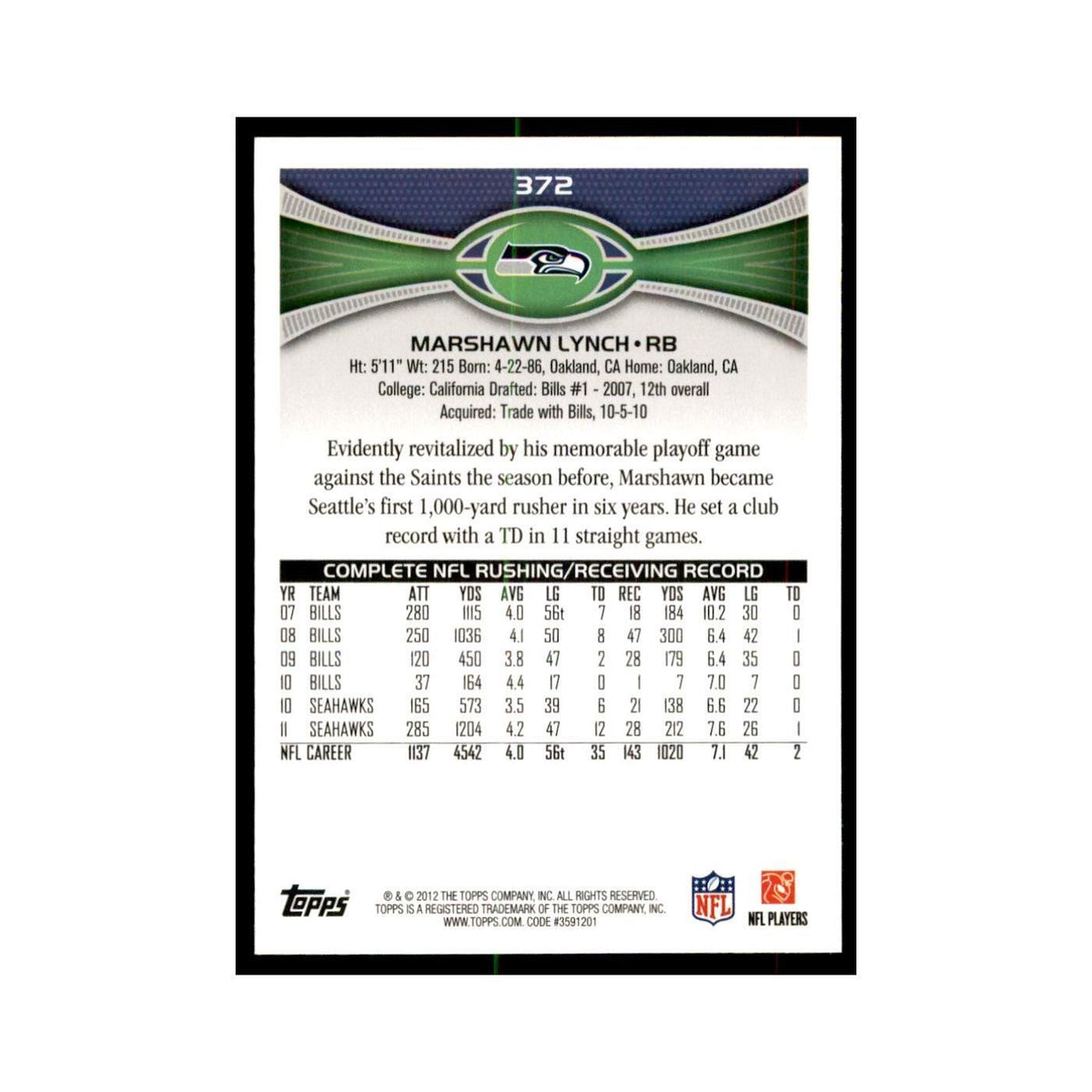 2012 Topps Marshawn Lynch Football Cards #372