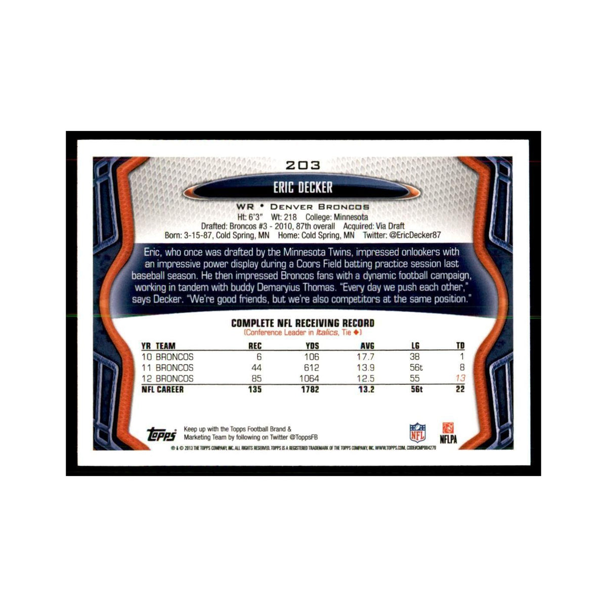 2013 Topps Eric Decker Football Cards #203