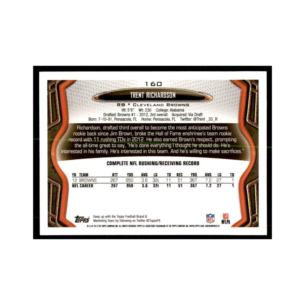2013 Topps Trent Richardson Football Cards #160