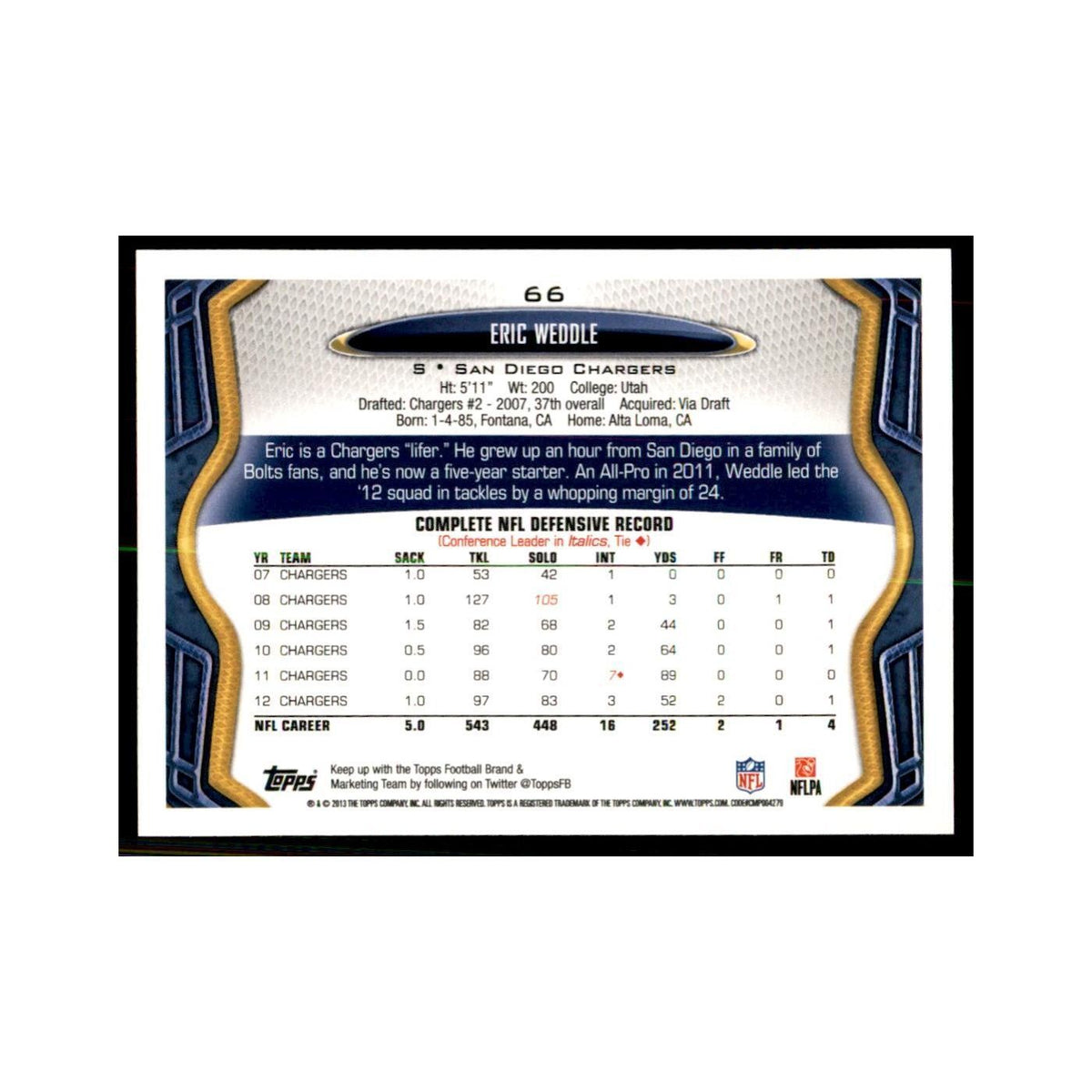 2013 Topps Eric Weddle Football Cards #66