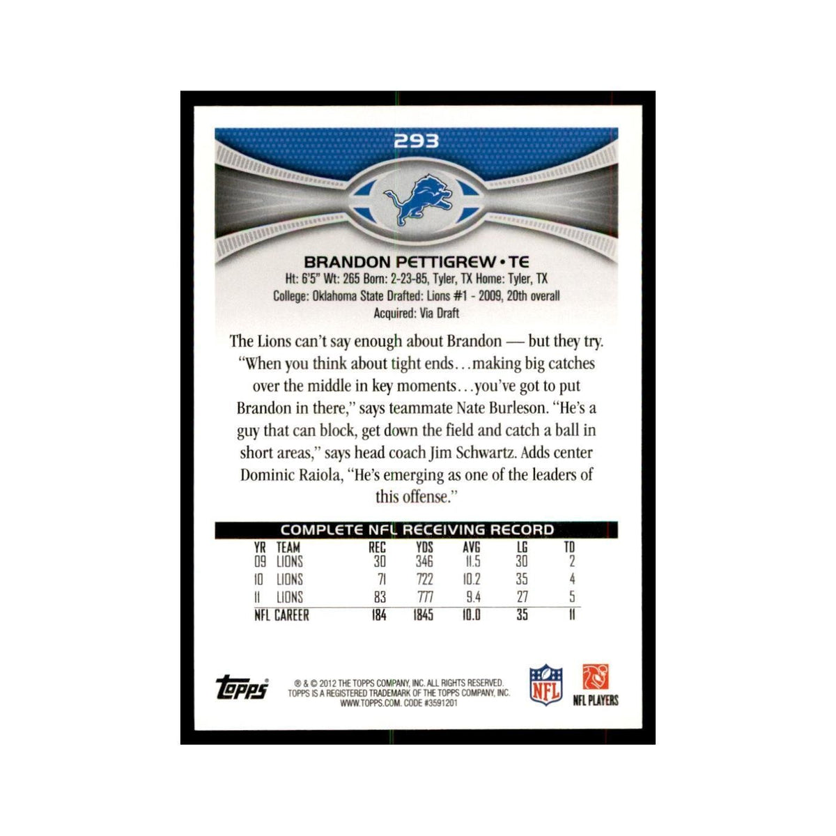 2012 Topps Brandon Pettigrew Football Cards #293