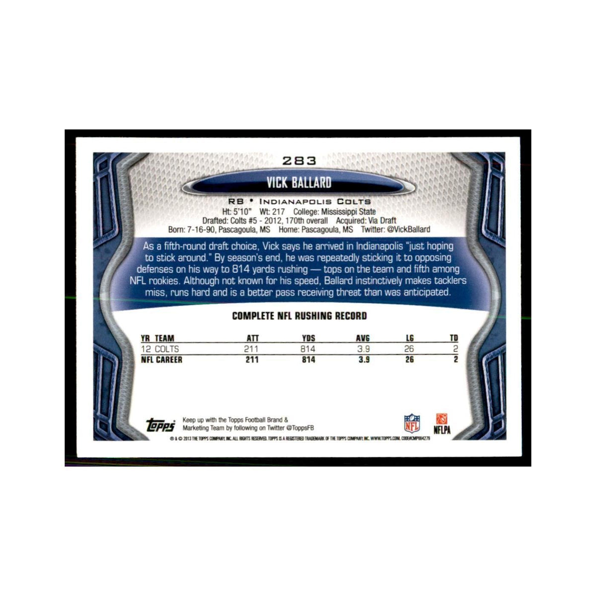 2013 Topps Vick Ballard Football Cards #283