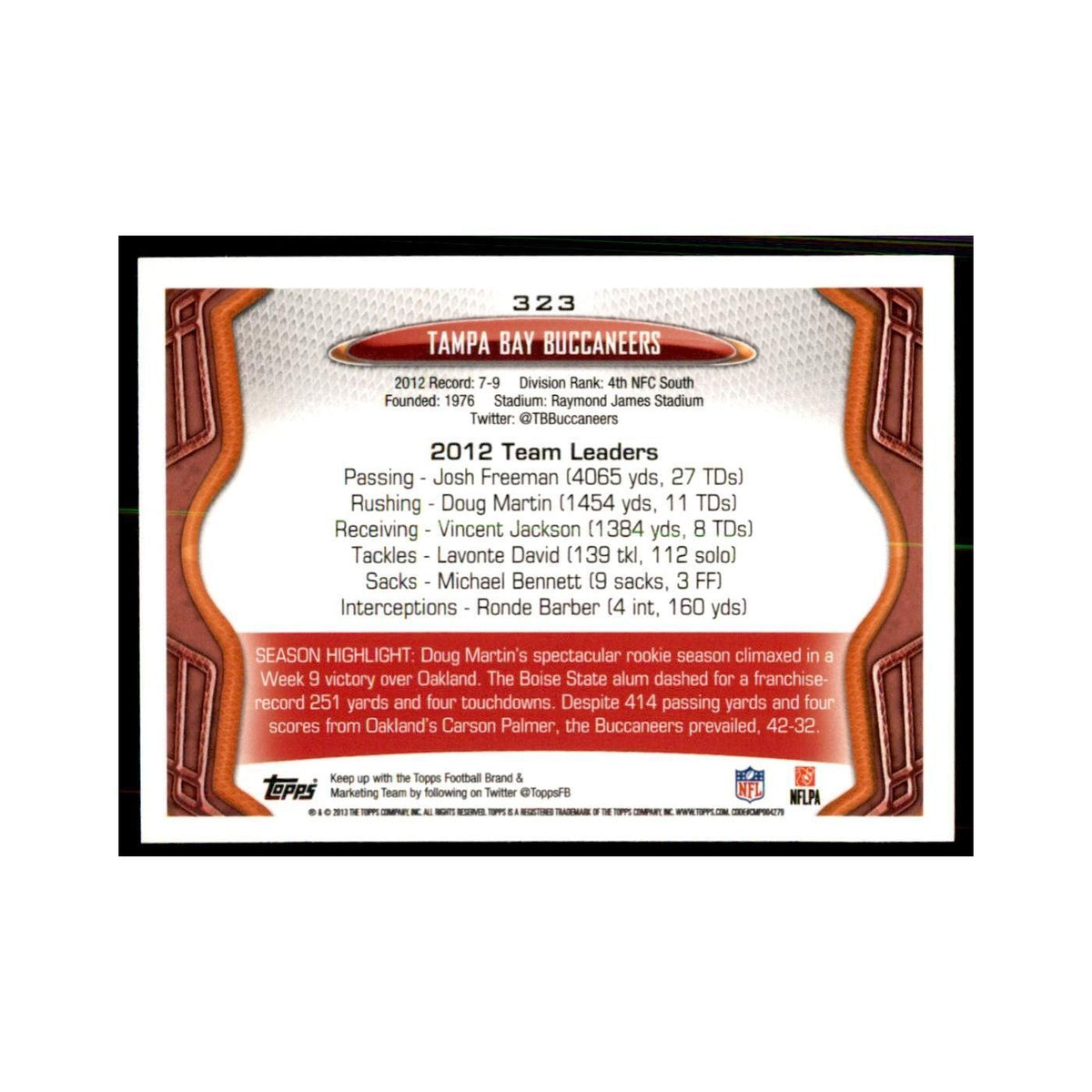 2013 Topps Tampa Bay Buccaneers Football Cards #323