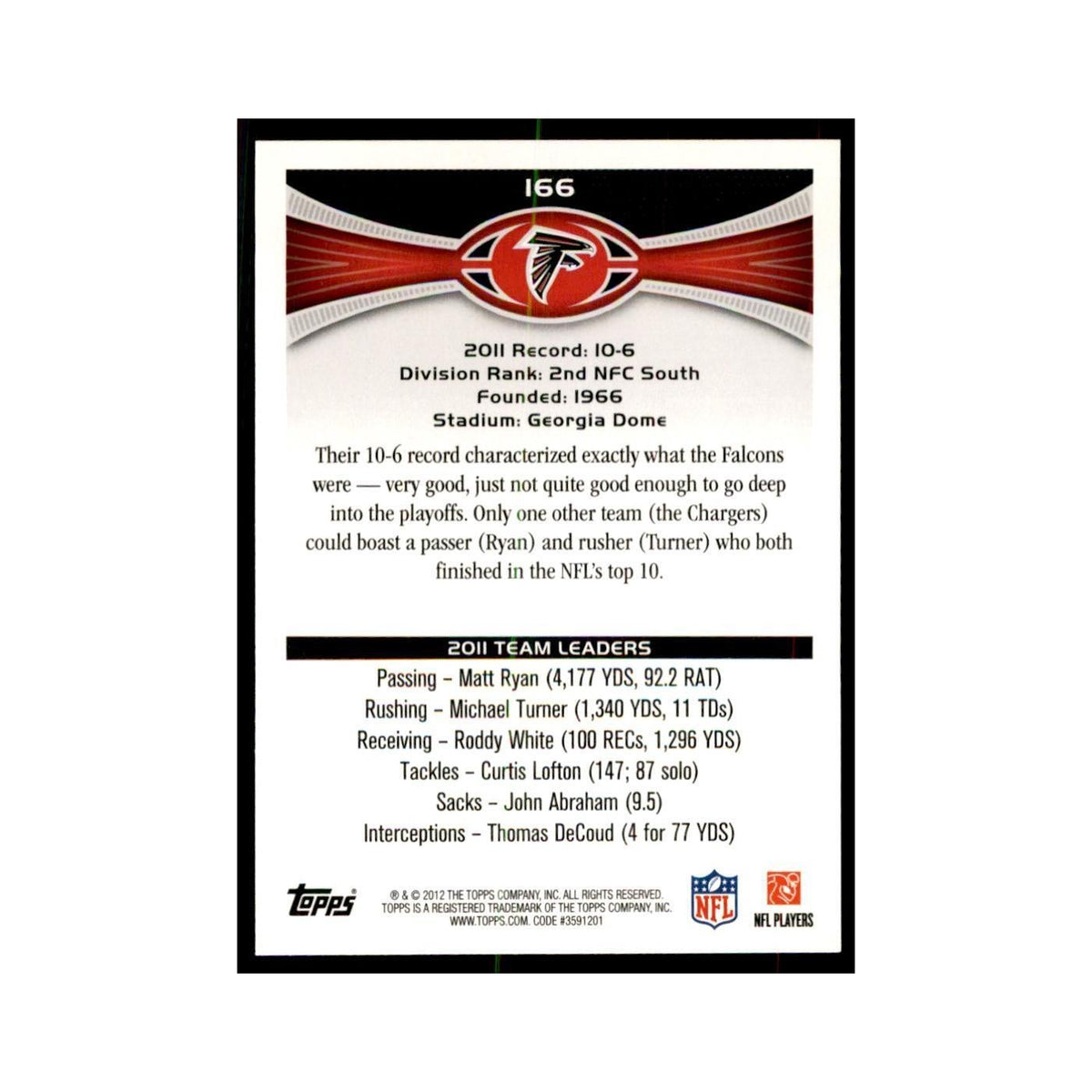 2012 Topps Falcons Football Cards #166