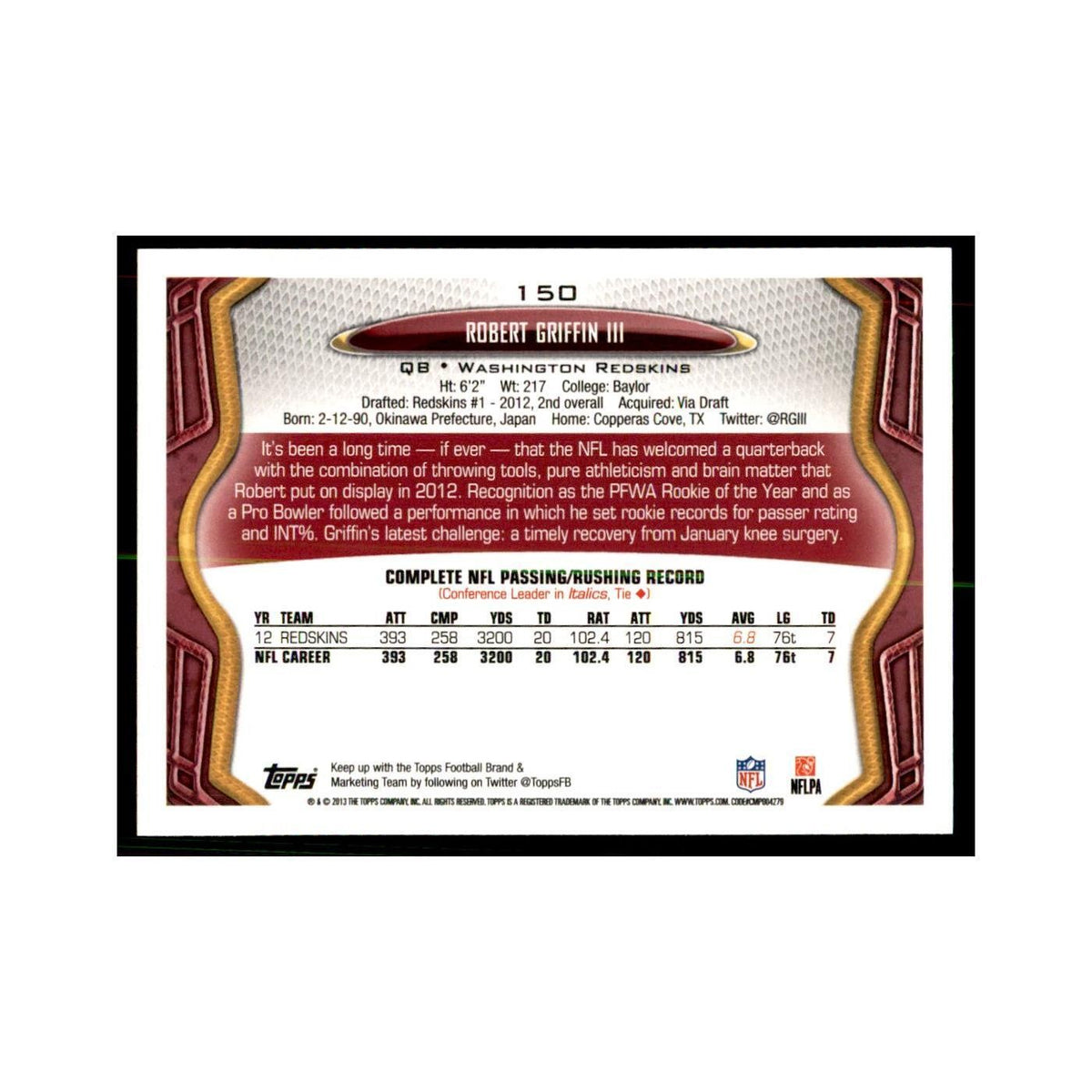2013 Topps Robert Griffin III Football Cards #150