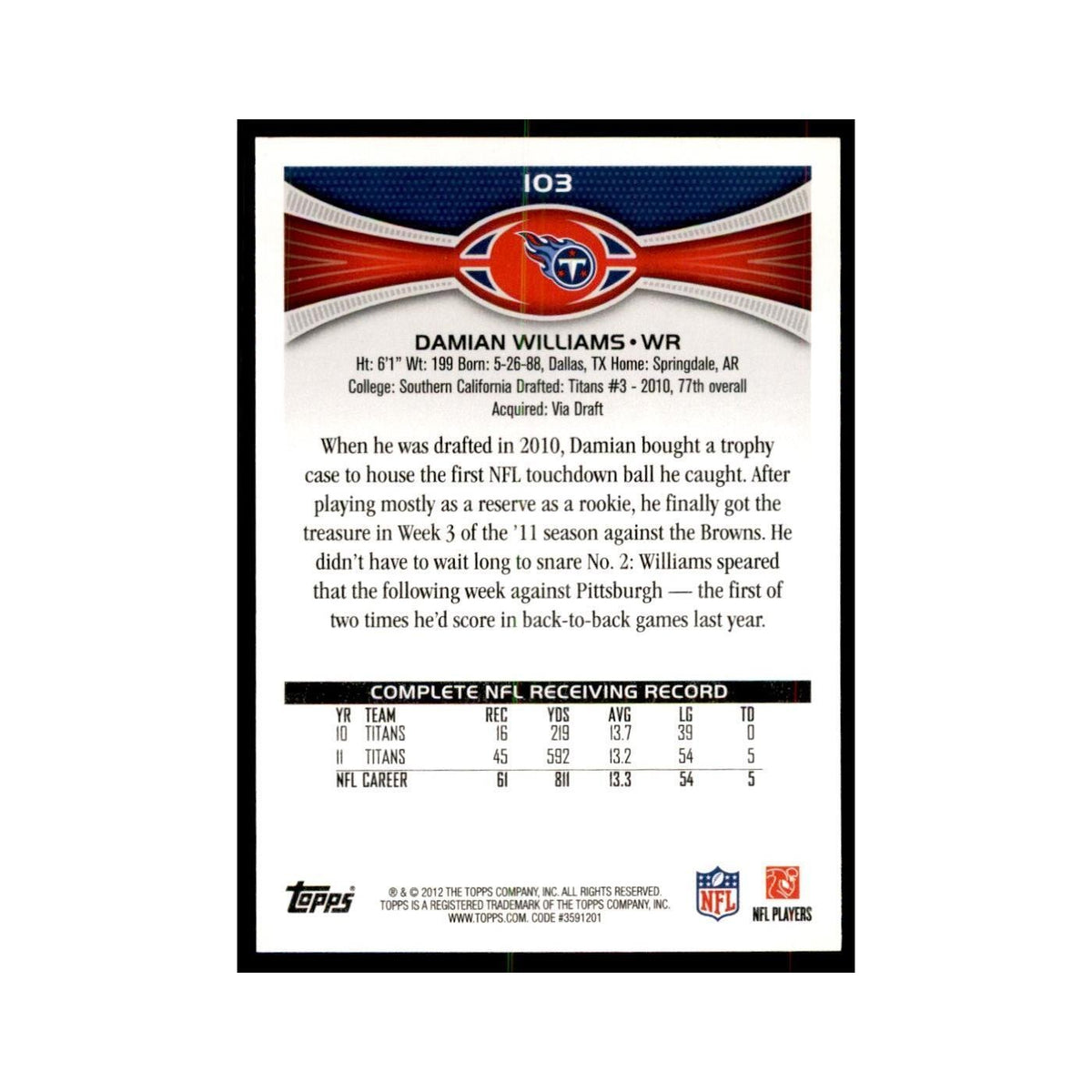 2012 Topps Damian Williams Football Cards #103