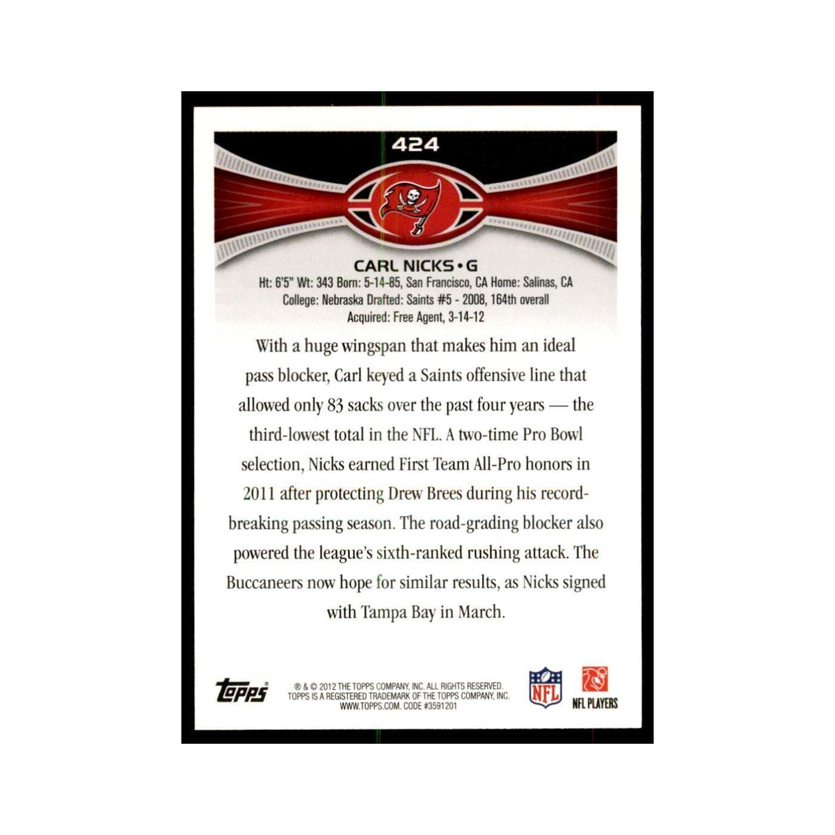 2012 Topps Carl Nicks Football Cards #424
