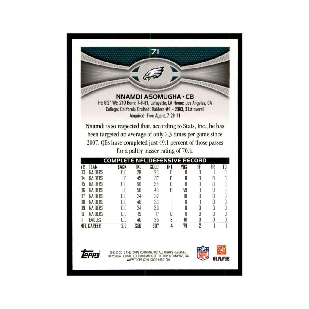 2012 Topps Nnamdi Asomugha Football Cards #71