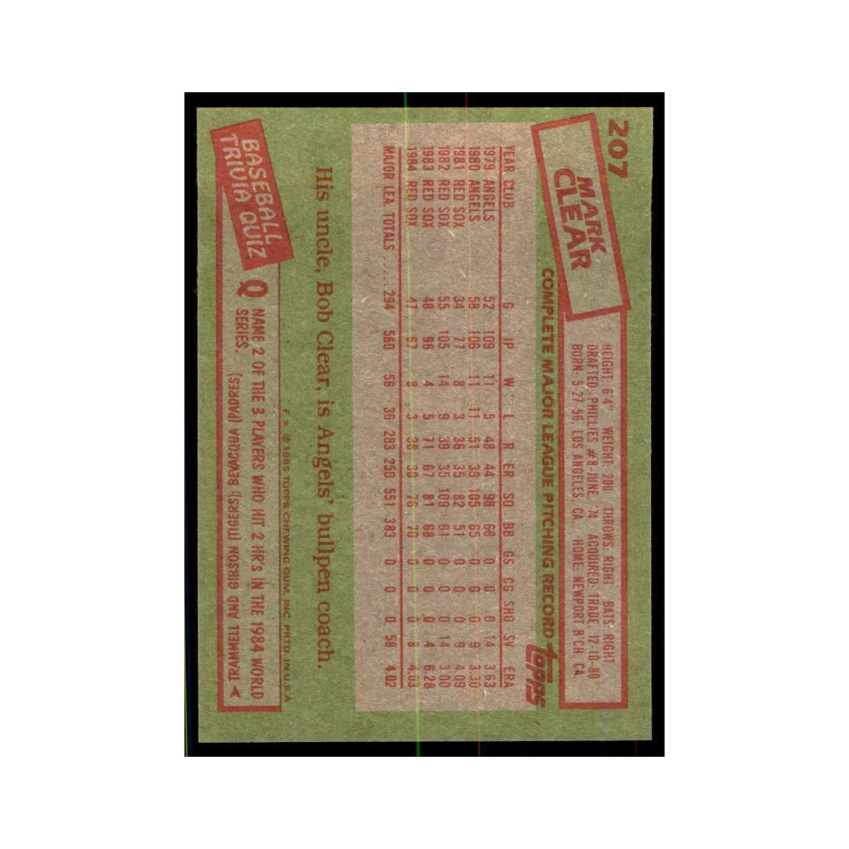 1985 Topps Mark Clear Red Sox #207