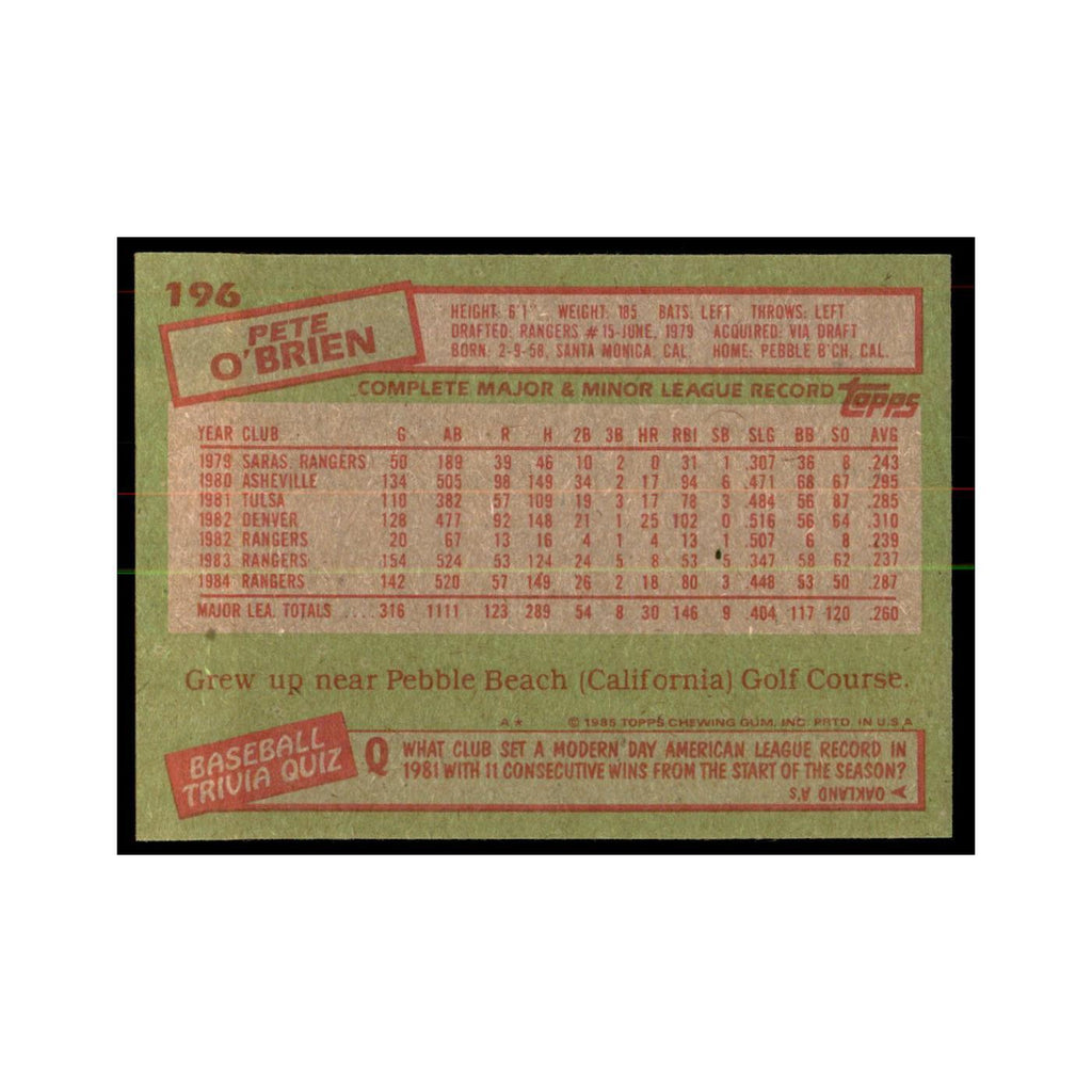 1985 Topps Pete O'Brien Rangers #196