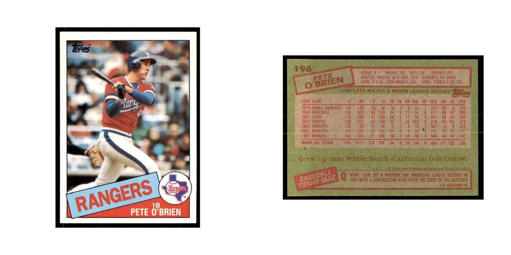 1985 Topps Pete O'Brien Rangers #196