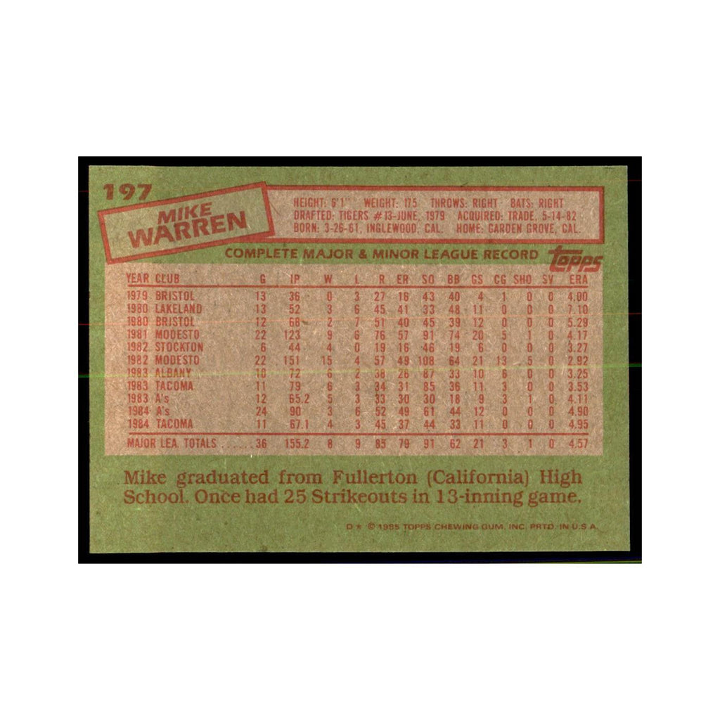 1985 Topps Mike Warren Athletics #197