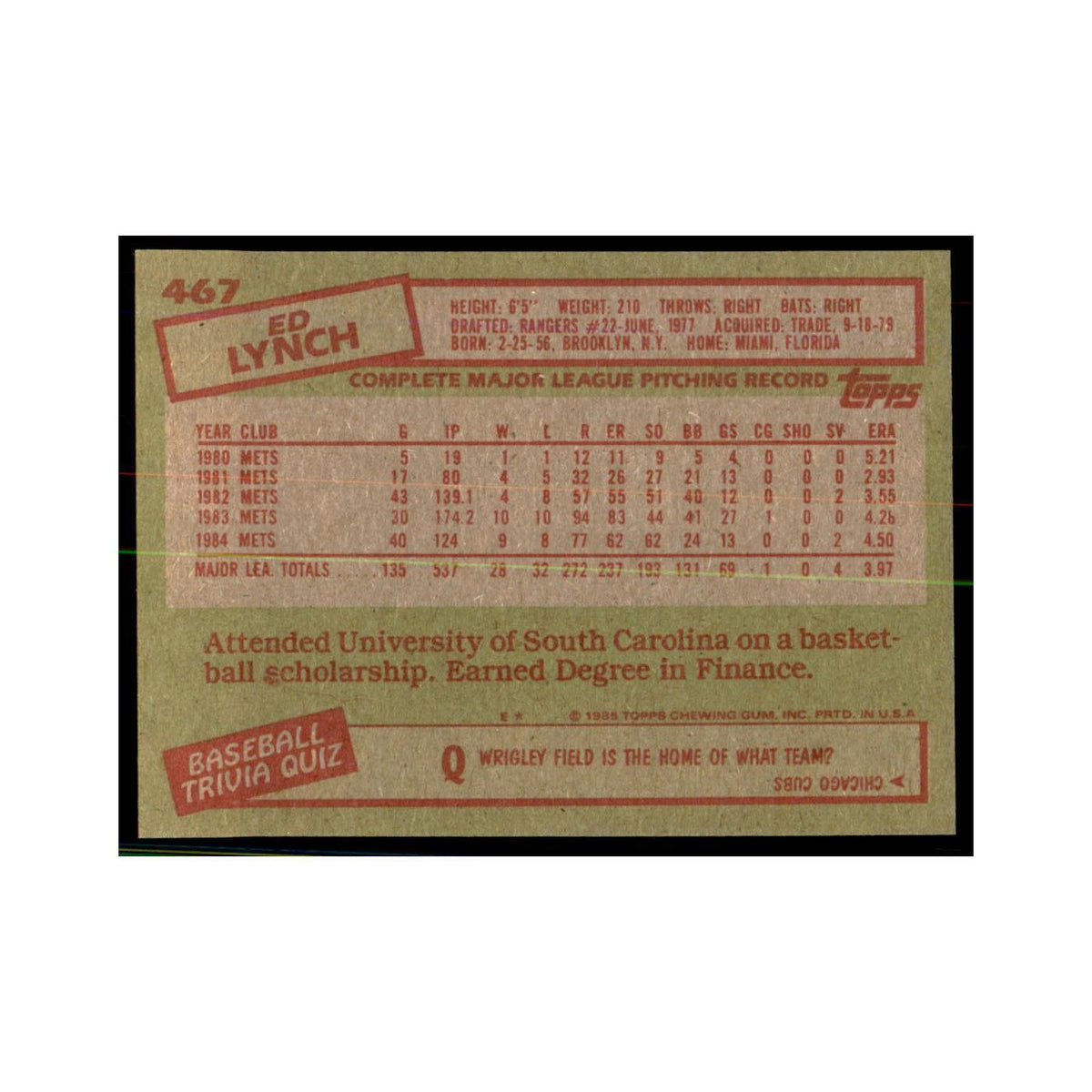 1985 Topps Ed Lynch Mets #467