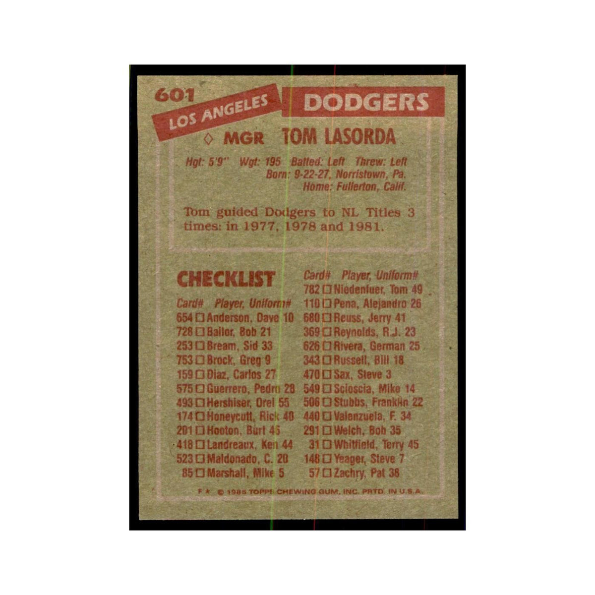 1985 Topps Tommy Lasorda Dodgers #601